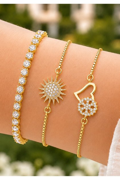 Women's Gold Color 3-Piece Steel Bracelet Set with Zircon Stones, Sun and Heart Figured Combination Jewelry
