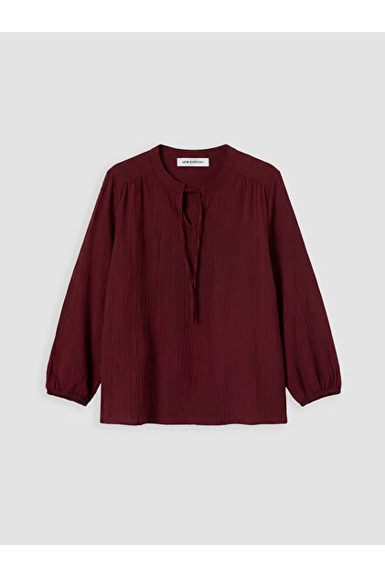 Burgundy Tie-Neck Gathered Textured Blouse