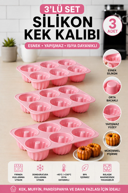 3 Adet 6'lı Silikon Muffin ve Cupcake Kalıbı - Yapışmaz Tek Parça Esnek Kek Kalıbı 25x16 cm