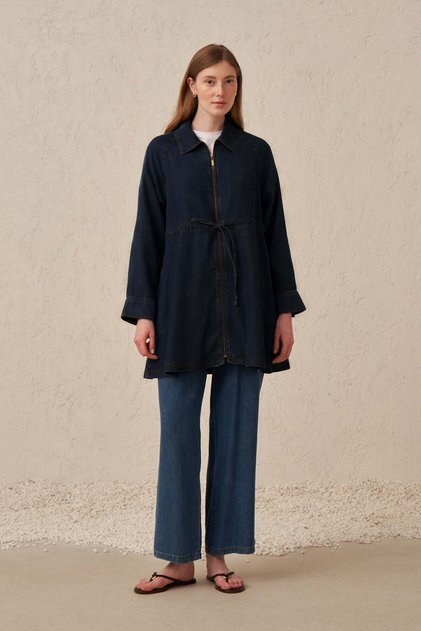 Koyu Mavi-Fermuarlı Tensel Denim Ceket