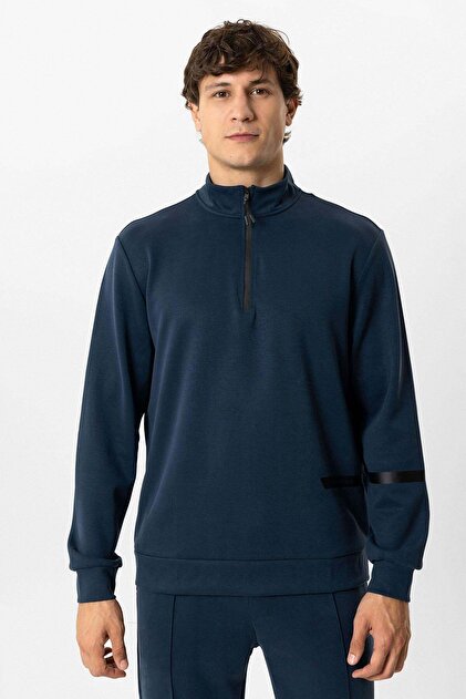 Navy Blue Regular Fit High Collar Half Zipper Sweatshirt