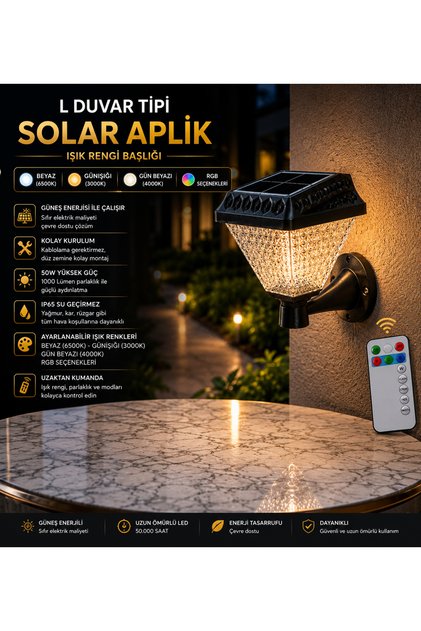 30 W GÜNEŞ ENERJİLİ L DUVAR TİPİ SOLAR APLİK (UZAKTAN KUMANDALI) (BEYAZ-GÜNIŞIĞI-GÜN BEYAZI-RGB)