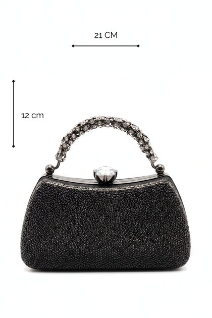 Obsidian Black Stone Embellished Evening Dress Handbag