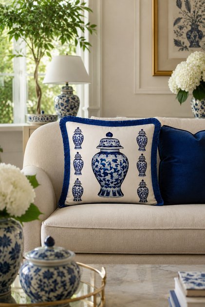 Chinese Porcelain Patterned Tasseled Babyface Woven Decorative Throw Pillow Cover