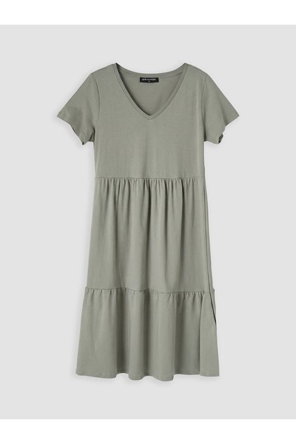 Lcw Comfort Green V-Neck Layered Dress