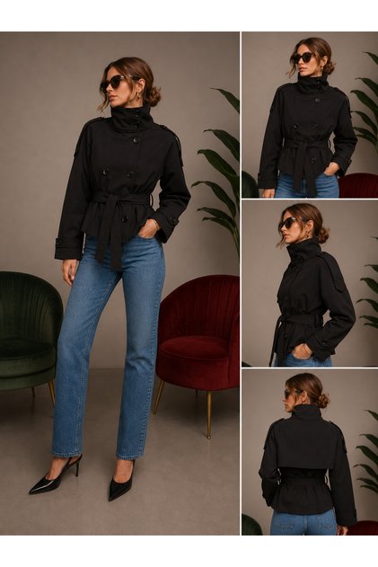 Women's Stand Collar Double Button Belted Lined Short Trench Coat Jacket