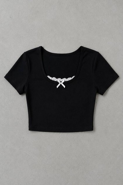 Square Neck Black Lace Detailed Bowknot Short Sleeve 100% Cotton Lycra Crop Blouse