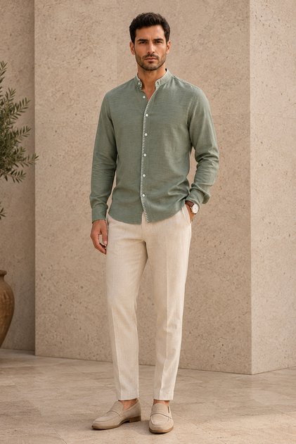 Hakim Collar White Stitching Detailed Long Sleeve Men's Shirt Green