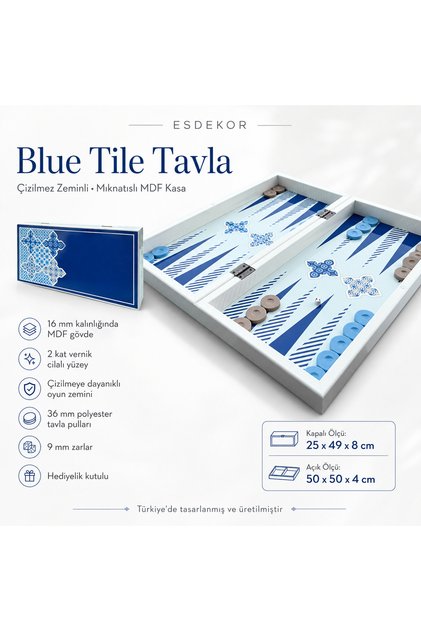 Blue Tile Desenli Mıknatıslı MDF Tavla Seti 25x49 cm