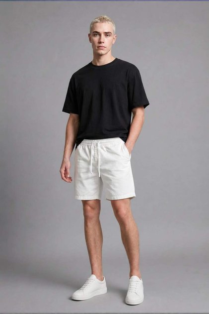 Baggy Fit Elastik Bel Ekru Bermuda Şort H7389AX26HS