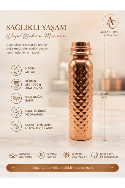 Handcrafted Copper Flask 500 ml – Copper Water Bottle Suitable for Daily Use, Sports, School and Office - Water Bottle - (Copper Bracelet Is a Gift!) !!)