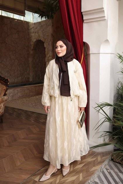 Beige Zippered Jacket and Skirt Set