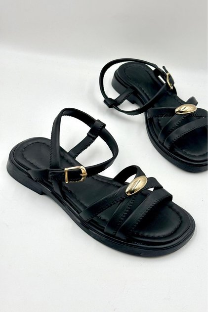 Gold Buckle Detailed Daily Comfortable Women's Sandals Black(14)