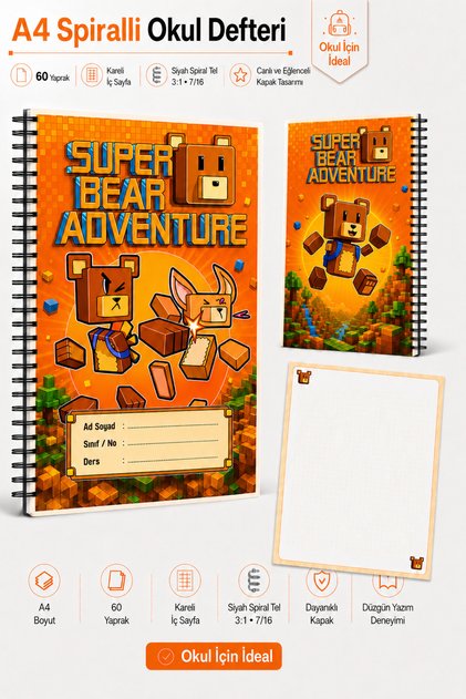 Super Bear Adventure Temalı A4 Spiralli Okul Defteri 60 Yaprak Kareli DFTKR-01