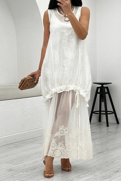 100% Cotton Ecru Two-Piece Embroidered Dress M39810