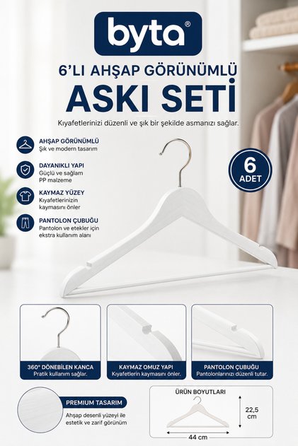 Set of 6 White Wood-Look Clothes Hangers 44 cm Clothes Hanger with Non-Slip Trouser Rod