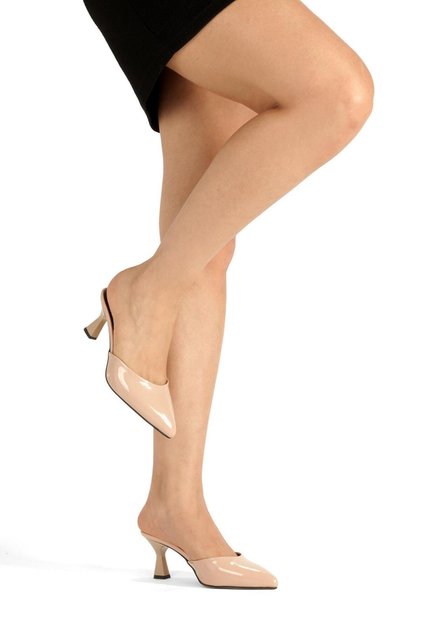 Patent Leather Rugged Slippers, Open Back, Pointed Toe, 5 cm Block Heel, New Season