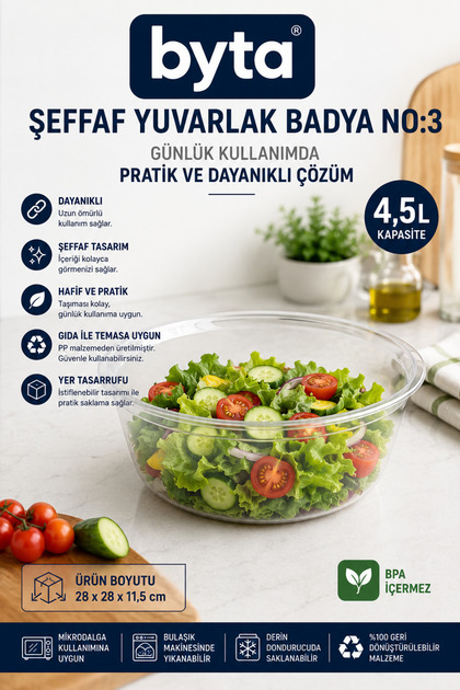 4.5 L Transparent Round Plastic Basin No:3 Bpa-Free Multi-Purpose Food Preparation, Salad Serving and Storage Container