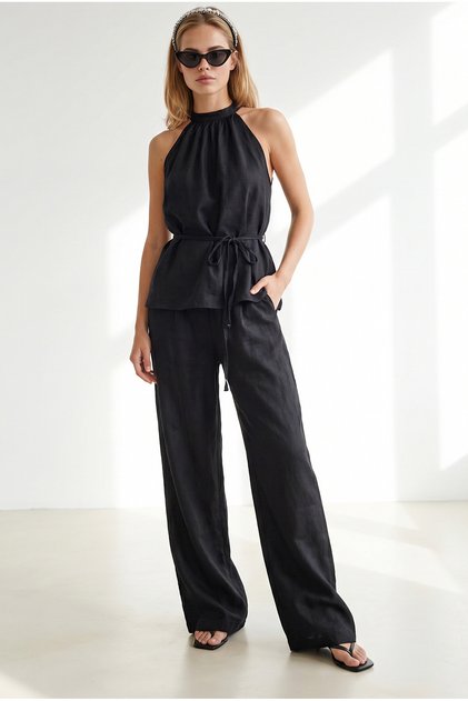 Women's Black Halter Neck Blouse with Pockets and Pants Set Tkm-19000504