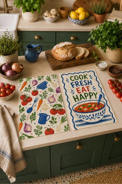 Cook Fresh Eat Happy Colorful Fruit Kitchen Patterned Decorative Mediterranean 2-Piece Kitchen Towel Set 35X55