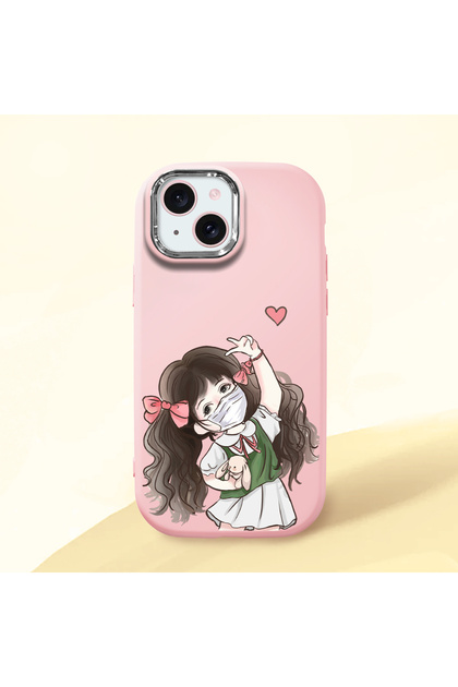 iPhone 15 Compatible Case with Camera Protection Pink Silicone Couple Phone Case with Girl Pattern