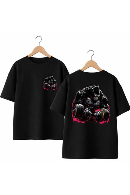 Orangutan Gym Back and Front Chest Printed 100% Cotton Oversize Loose Regular Fit Crew Neck T-Shirt