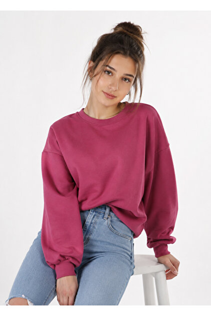Women's Oversize Crew Neck Basic Sweatshirt - Plum Long Sleeve Relaxed Fit Casual Sweatshirt