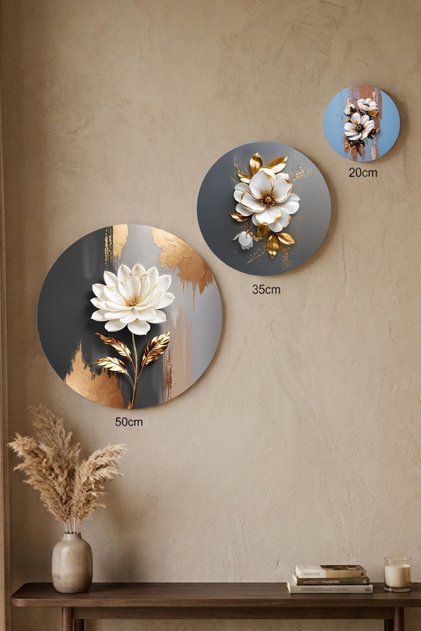 3-Piece Round Canvas Painting Set - 50cm 35cm 20cm Modern Home Office Living Room Wall Decor 3D Effect White Flower with Gold Leaves - Canvas Painting