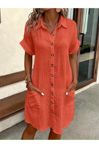 Women's Short Sleeve Front Buttoned Mini Wrap Dress with Pocket Detail