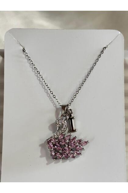 316L Steel Pink Zircon Stone Swan Letter I Necklace