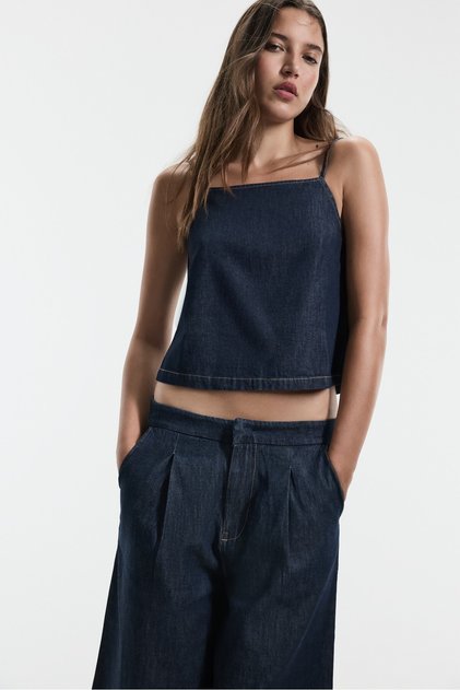 Hafif denim askılı top