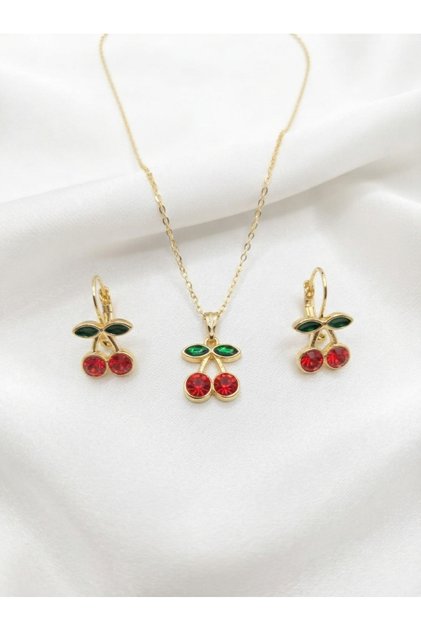 Women's Gold Zircon Stone Cherry Necklace and Earring Set