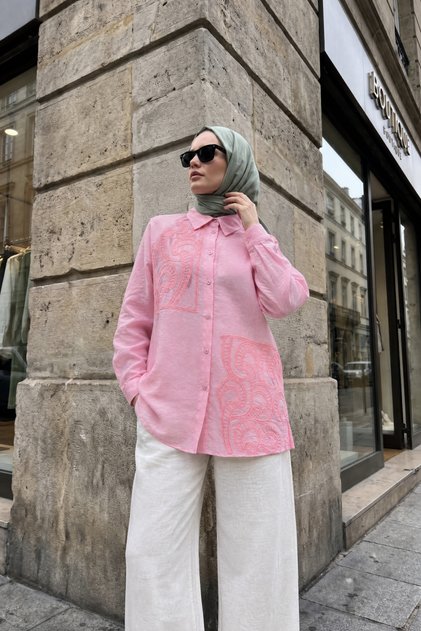 Nakışlı Asimetrik Düğmeli Vual Tunik -Pembe