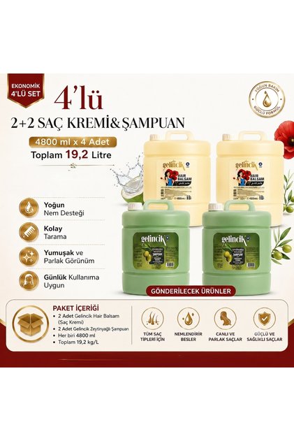 ZEYTİNYAĞLI ŞAMPUAN - SAÇ KREMİ - EKONOMİK 4'LÜ SET 2+2 - 4AD*4800ML - TÜM SAÇ TİPLERİ İÇİN