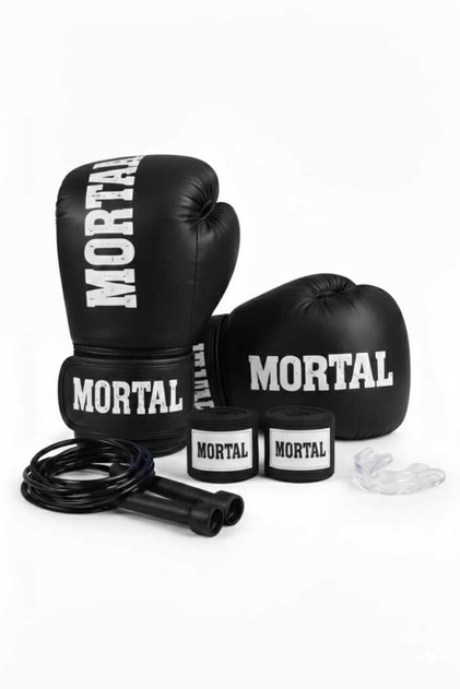 Black Boxing Gloves, Bandage, Mouthguard, and Jump Rope Set