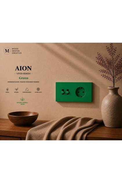 AION Collection-DUO Series (VERDE) (2Lİ)/(V.İ.K.O. İLE UYUMLUDUR) (2MODÜL BİRLEŞİMİ=2ANAHTAR(1KOMİTATÖR)+1PRİZ)Minimal Mat Tasarım Priz-Anahtar COVER/Premium Canlı Renkler Serisi (YEŞİL)