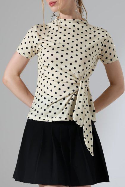 Women's Micro Digital Polka Dot Blouse with Tie Detail