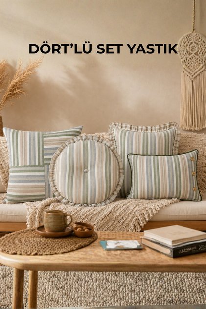 Set of 4 Decorative Throw Pillows – Colorful Striped Silicone-Filled Linen Bohemian Pillow Set