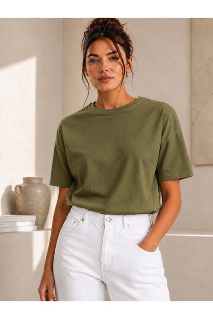 Women's Khaki Basic T-Shirt - Basic Comfortable Fit Crew Neck Cotton T-Shirt