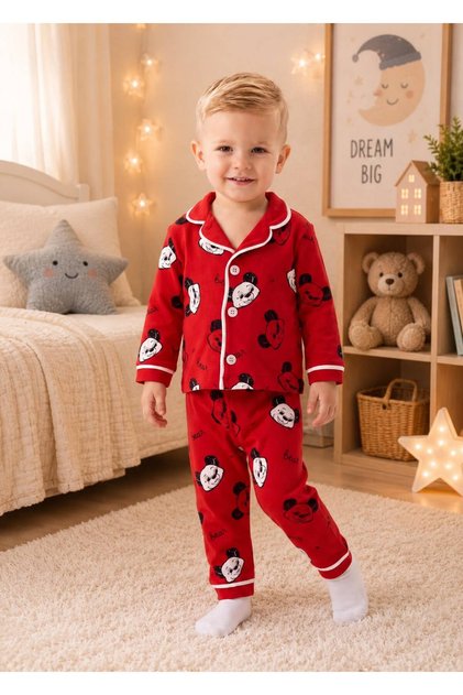 100% Cotton Long Sleeve Buttoned Seasonal Teddy Bear Patterned Soft Textured Top and Bottom Unisex Baby Pajama Set