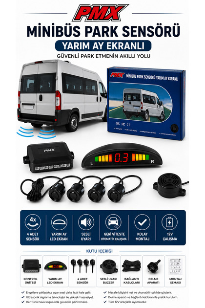 Minibüs Park Sensörü Yarım Ay LED Ekranlı 4 Sensörlü Sesli Uyarı Sistemli Universal 12V