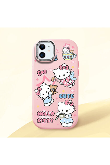 iPhone 11 Uyumlu Kılıf kamera koruyucu Pembe Silikon Couple Telefon Kılıfı Kitty Desenli