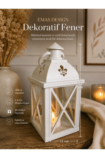 Dekoratif LED Fener – Modern Şık beyaz desen (22 cm)