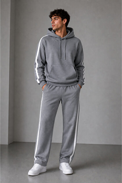 Men's Striped Detail Hooded Tracksuit Set Gray