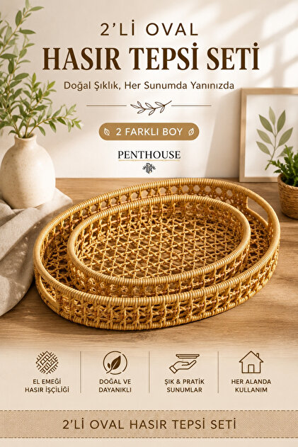 Set of 2 Oval Wicker Trays, Natural Rattan Look, Decorative Presentation and Serving Tray