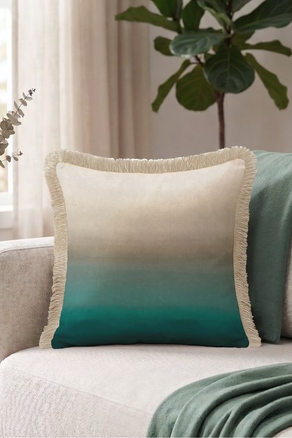 Gradient Ombre Sea Breeze Fringed Pillowcase - Coastal Bohemian Cream Mink Tassel Throw Pillow Cover