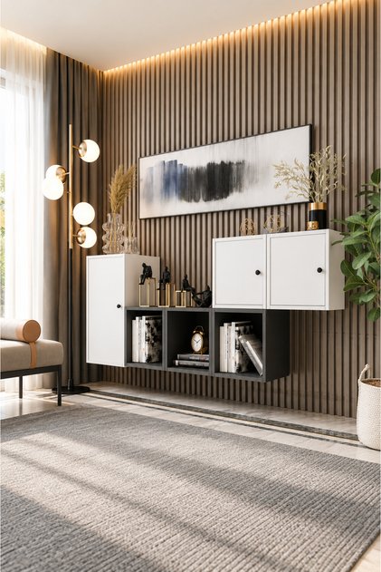3 Kapaklı Duvar Raflı Kitaplık 202 cm Beyaz Antrasit Çok Amaçlı Dekoratif Kitaplık KTP-1461-Ç