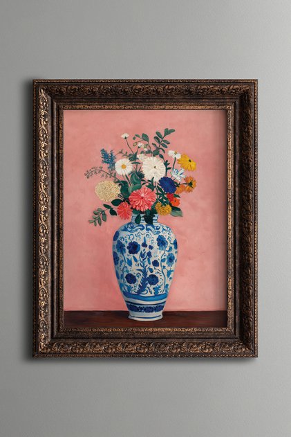 Spring Flowers in a Blue Patterned Vase - Vintage Patterned Painting - Thick Model