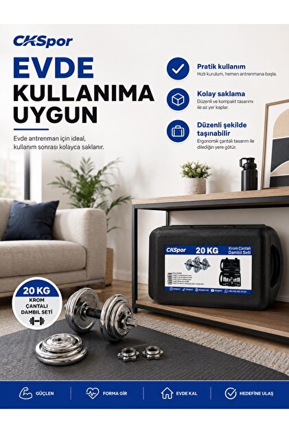 CKSPOR LUXURY 20 Kg Krom Dambıl Seti Çantalı Döküm Plaka