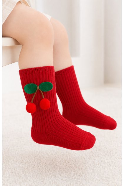 Baby Girl Cherry Pompom Cotton Knee Socks 0-5 Years Special Day